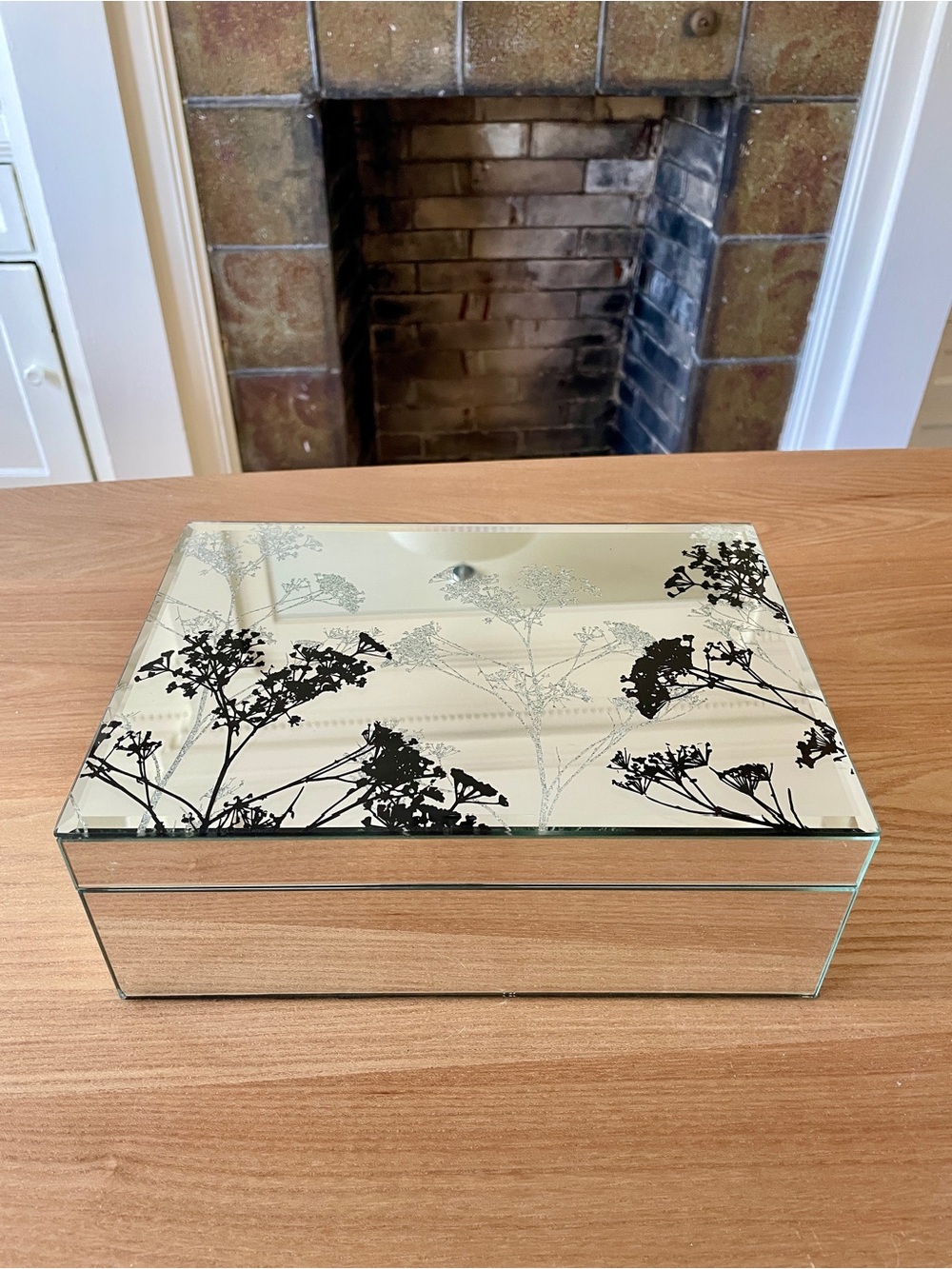 Vintage Mirrored Decorative/Jewelry Box with Black Floral Design